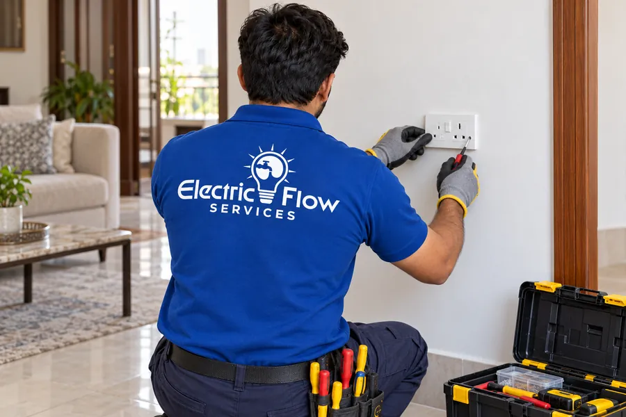 Illustration of wall socket fitting with a technician shown from behind.