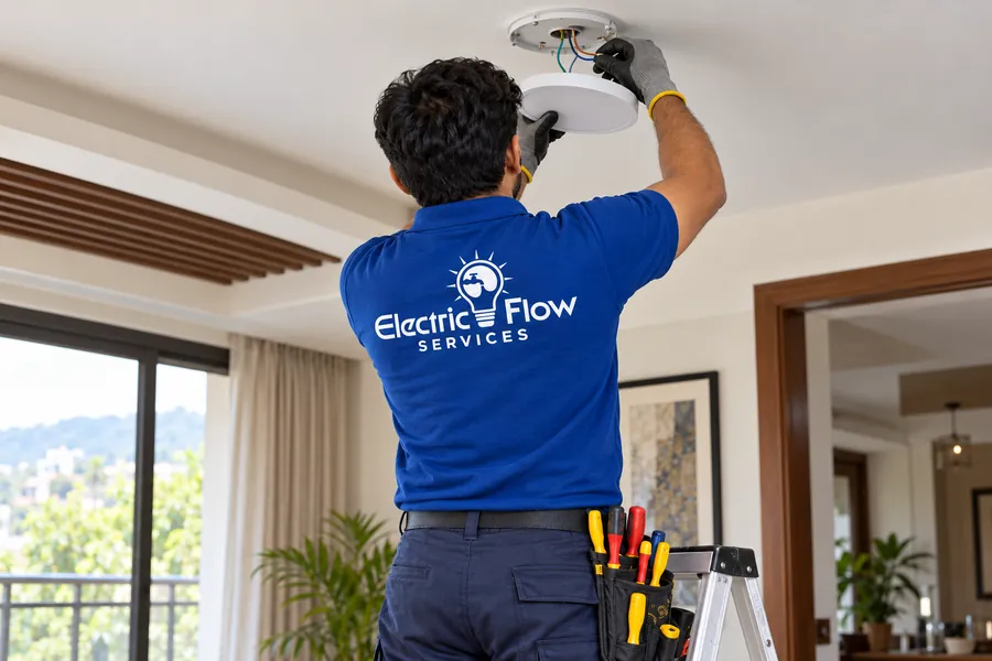 Illustration of lED ceiling light installation with a technician shown from behind.