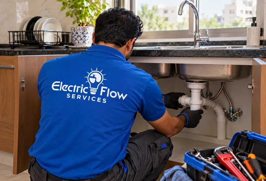 Illustration of kitchen sink trap replacement with a technician shown from behind.