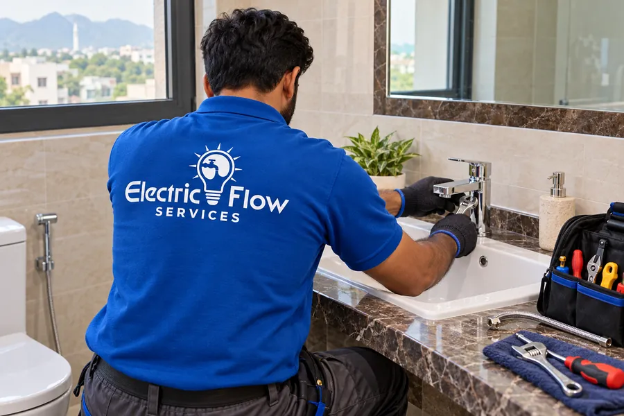 Illustration of bathroom mixer tap fitting with a technician shown from behind.