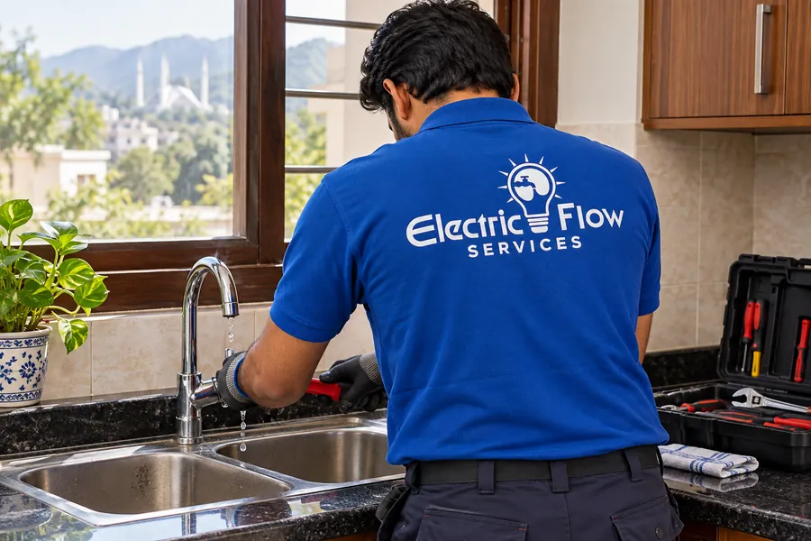 Illustration of leaking faucet repair with a technician shown from behind.