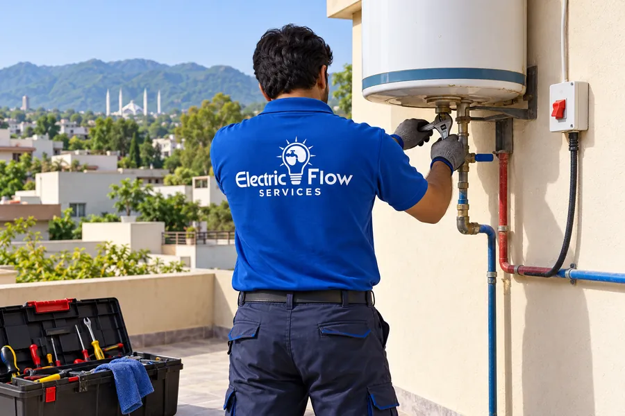 Illustration of isolated water geyser servicing with a technician shown from behind.