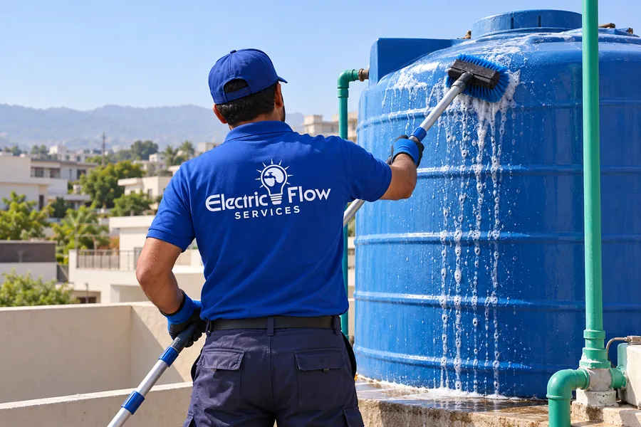Illustration of long brush cleaning tank from outside with a technician shown from behind.