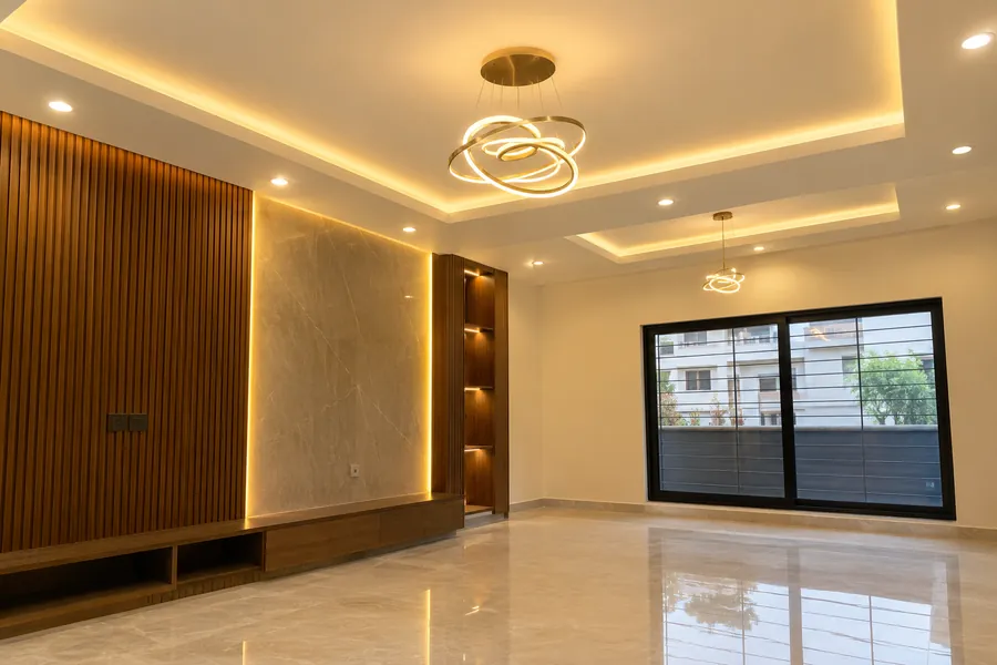 Illustration of living room recessed LED lighting.