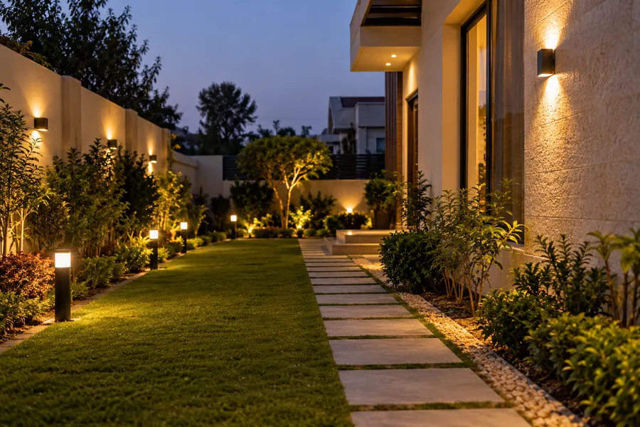 Illustration of garden pathway light installation.